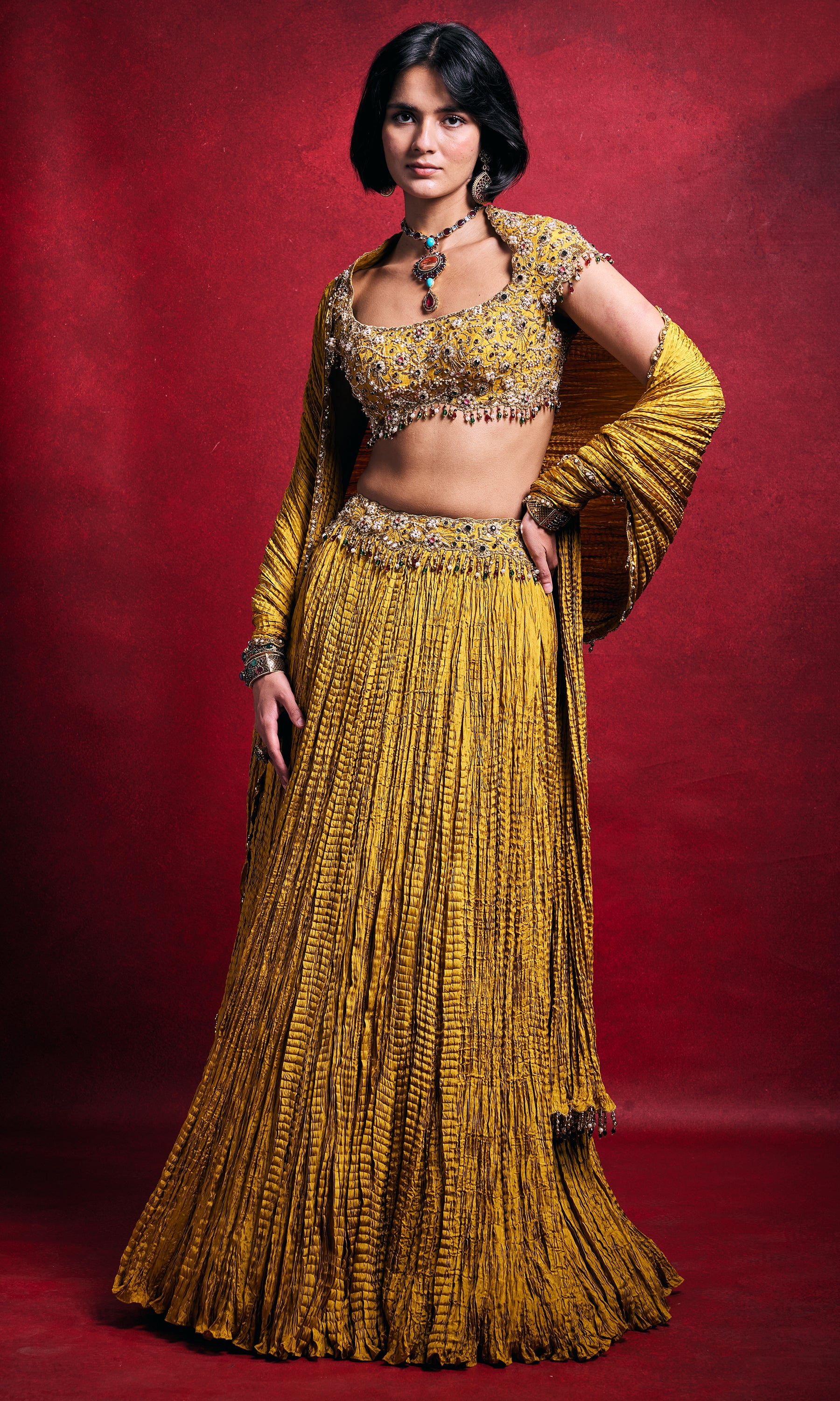 Mustard Crushed Lehenga Set