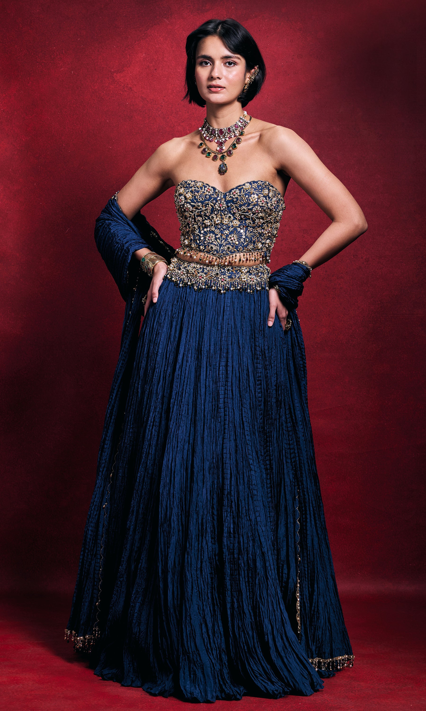 Royal Blue Crushed Lehenga Set