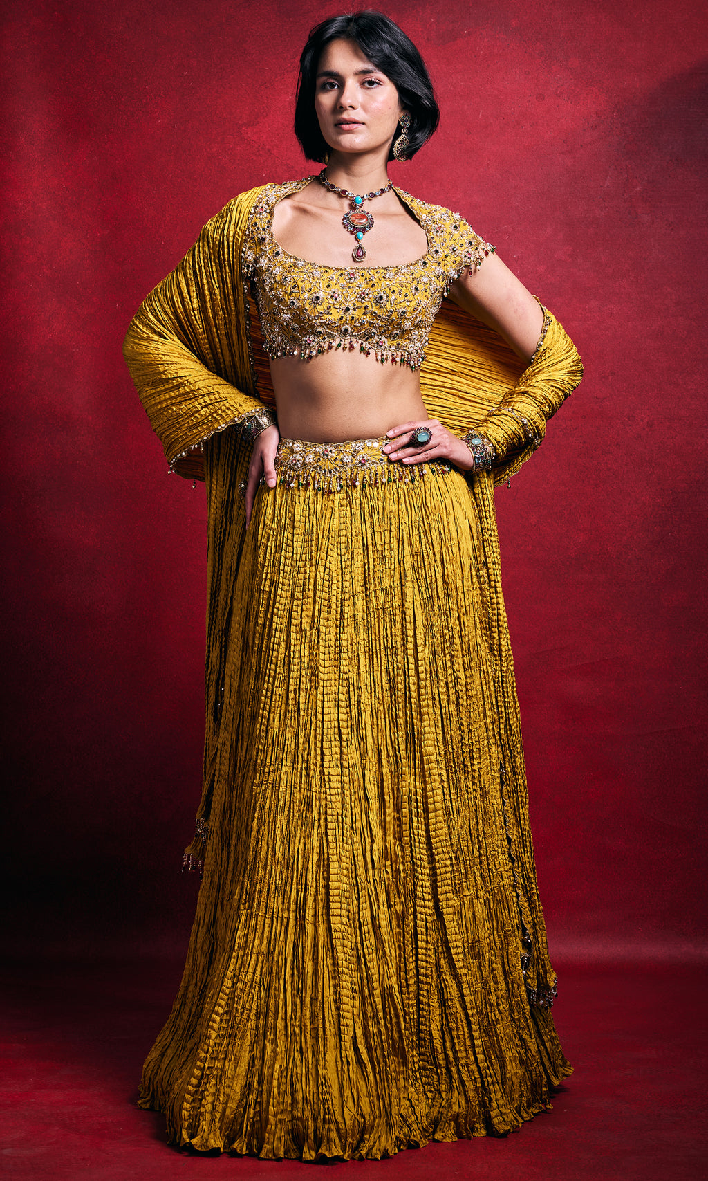 Mustard Crushed Lehenga Set