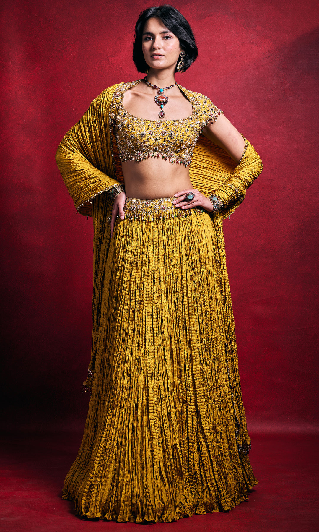 Mustard Crushed Lehenga Set