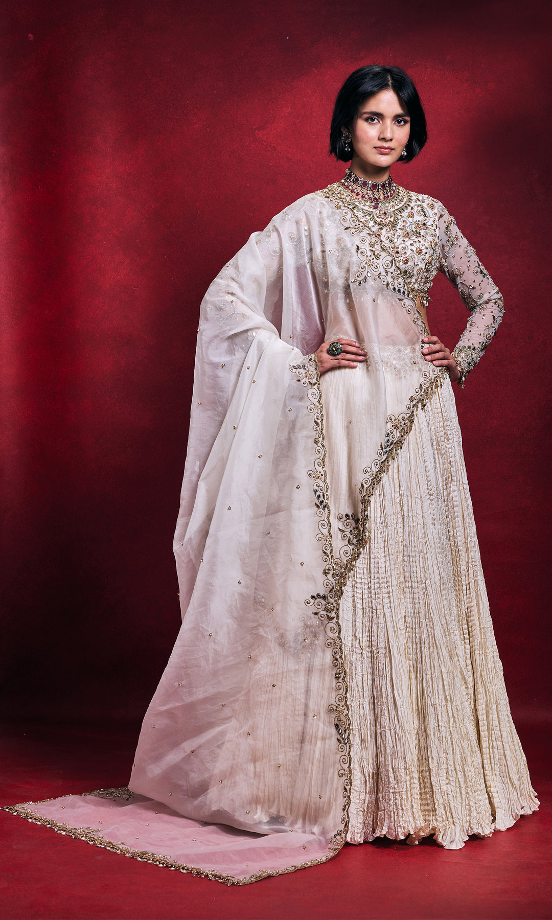 Ivory Crushed Lehenga Set