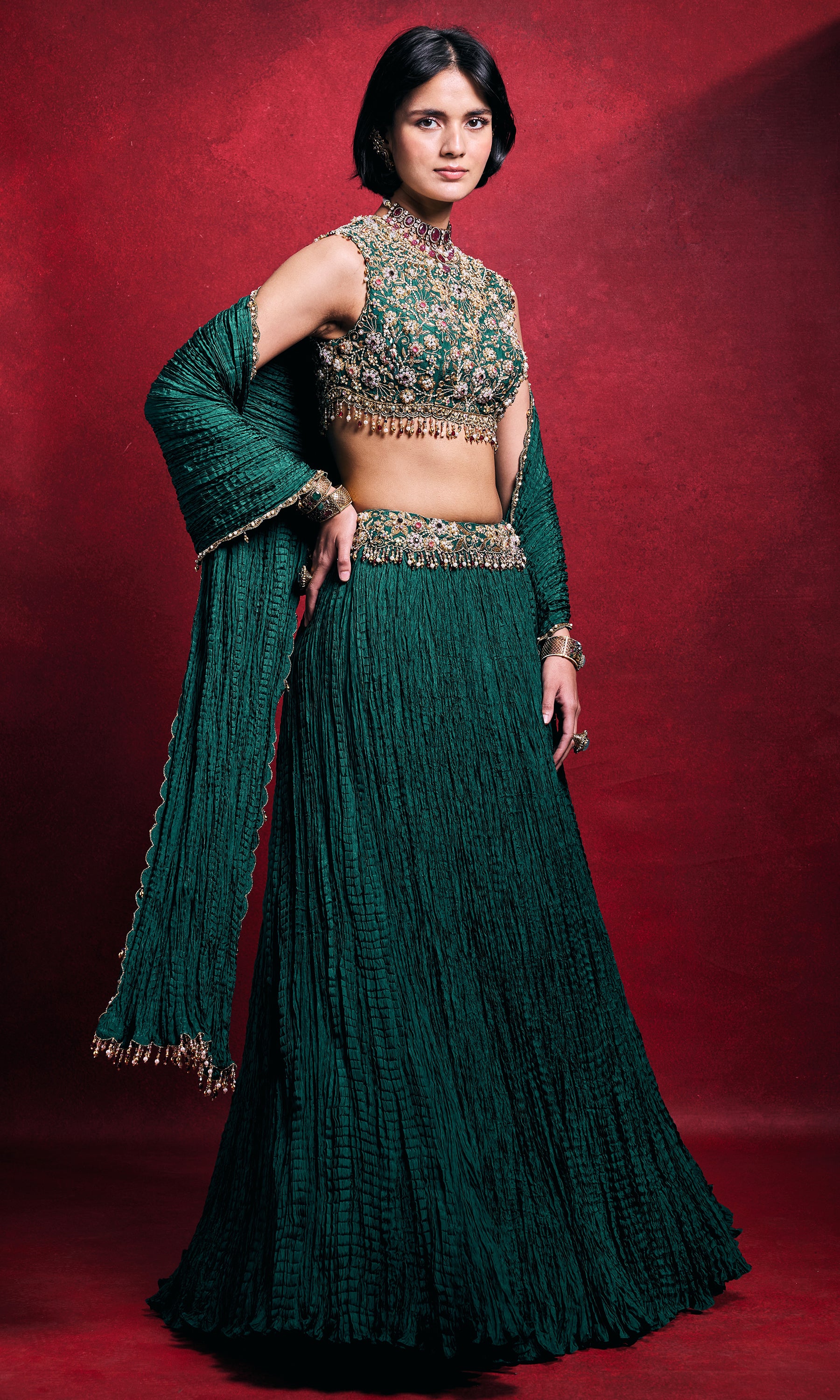 Emerald Green Crushed Lehenga Set