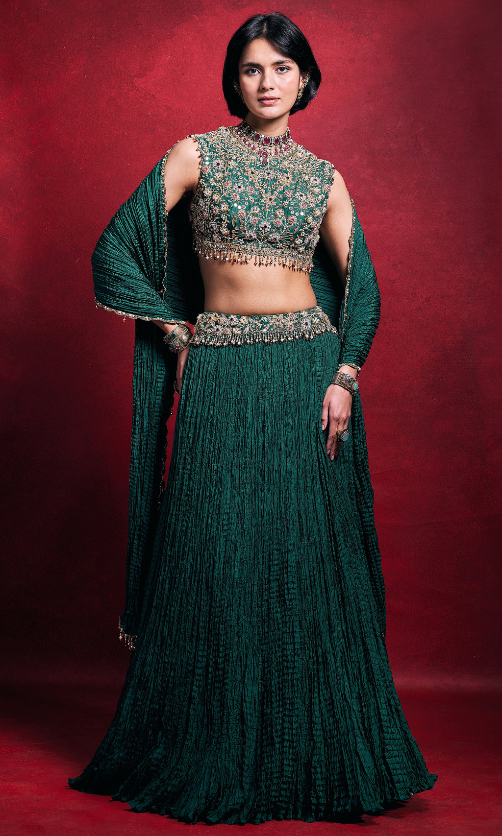 Emerald Green Crushed Lehenga Set