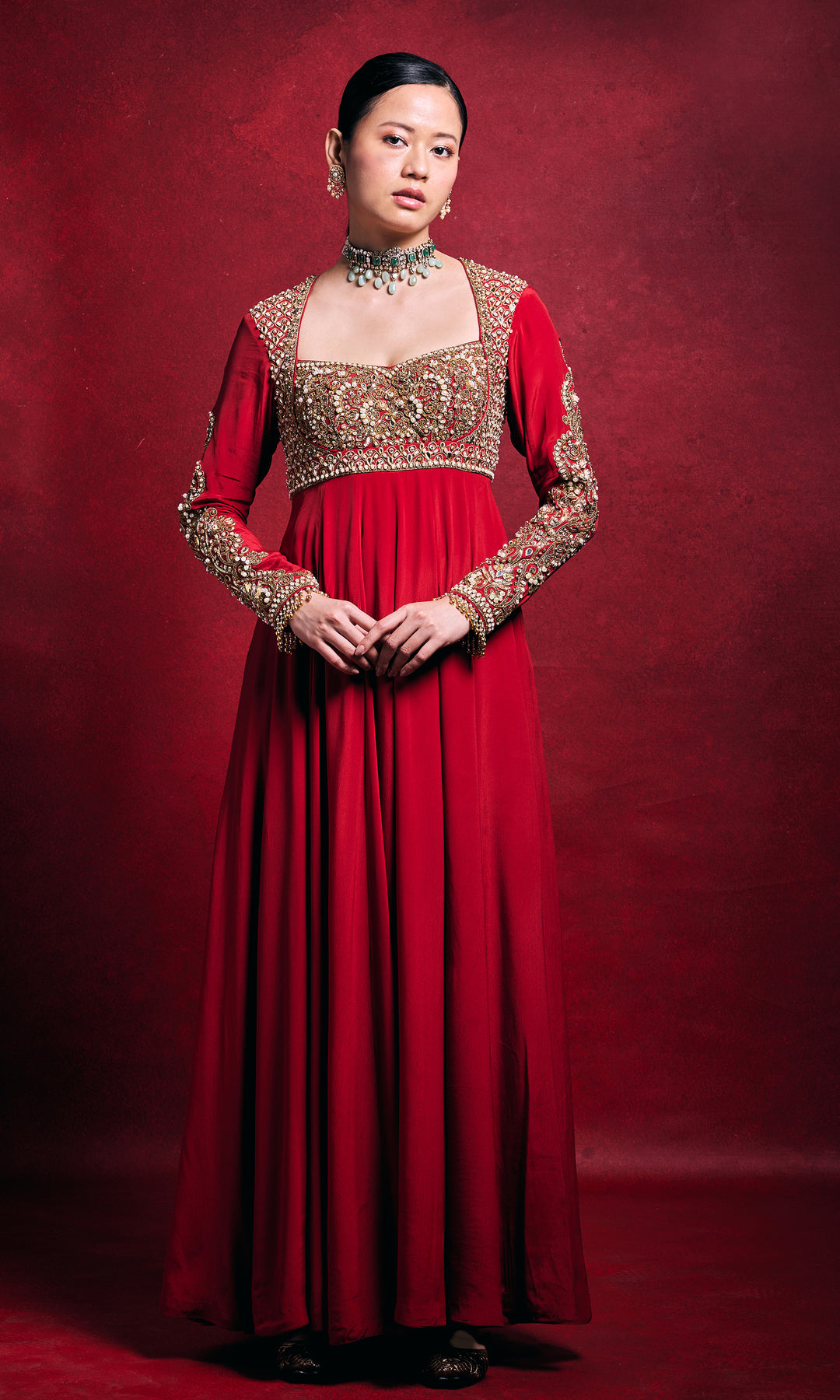 Red Crepe Anarkali Set