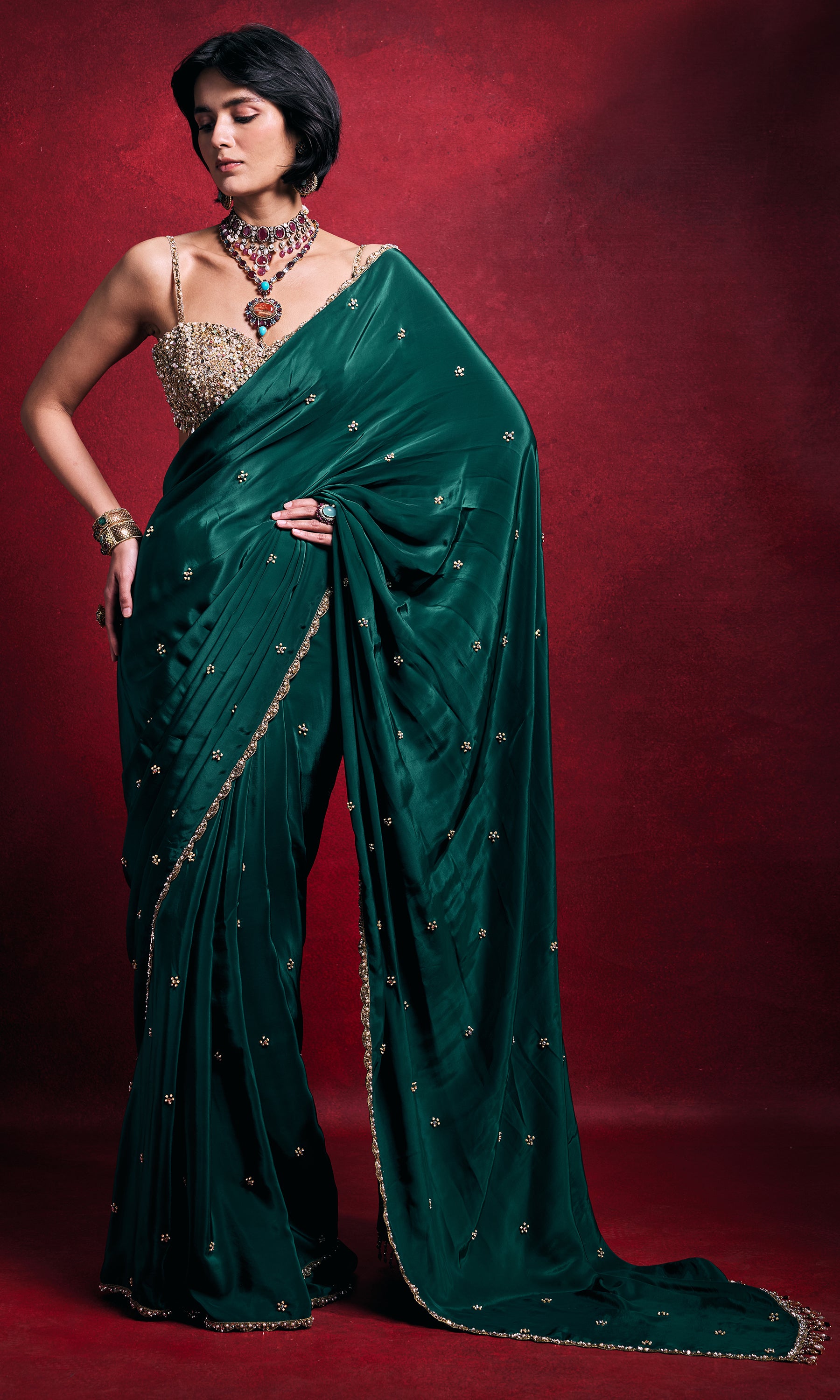 Emerald Green Crepe Saree Set