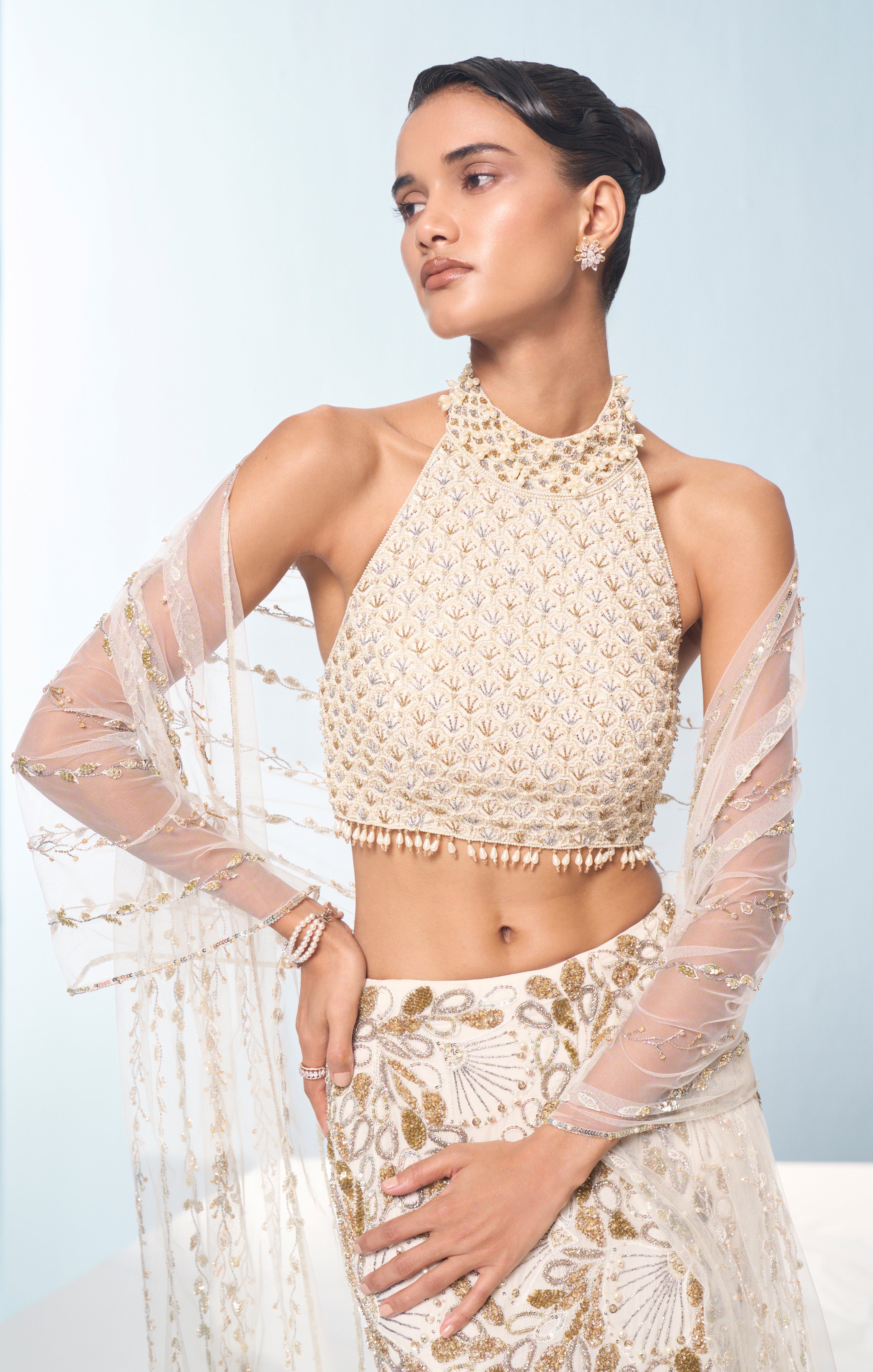 IVORY GEORGETTE  FIT AND FLARE LEHENGA SET