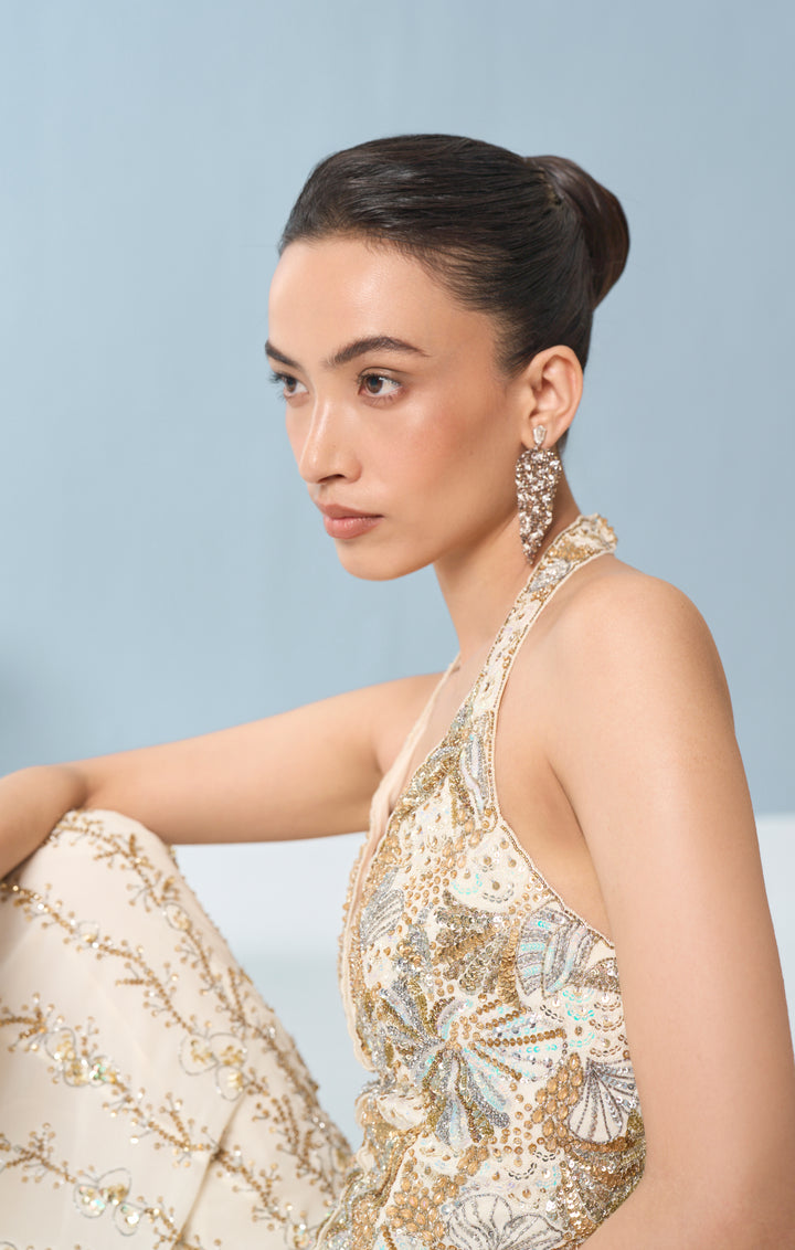 Ivory Georgette High Waist Sharara And Corset
