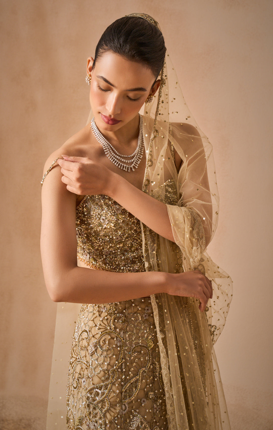 Beige Gold Sparkle Tulle Fit And Flare Lehenga Set