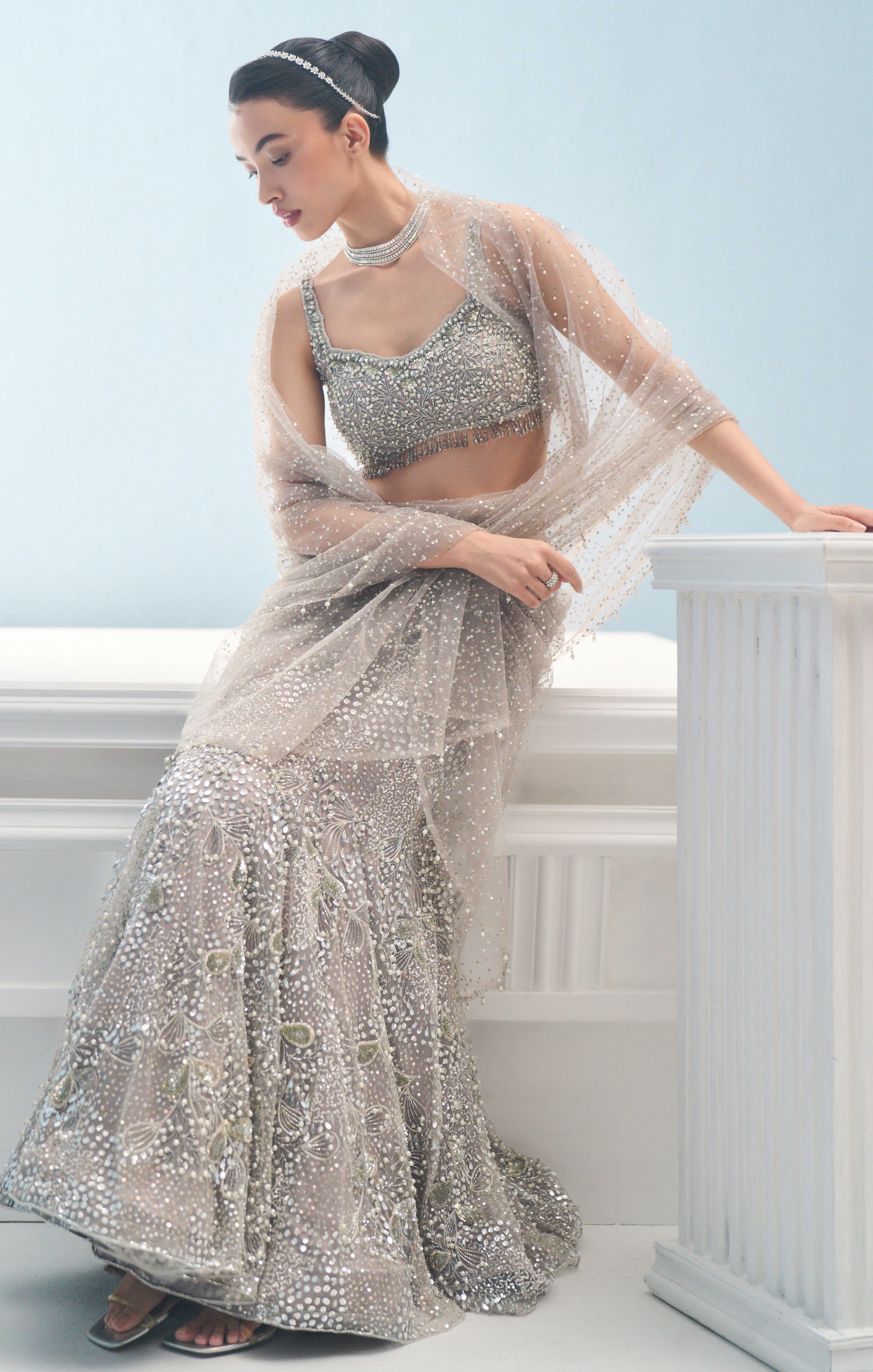 SILVER GREY TULLE  DRAPE LEHENGA SET