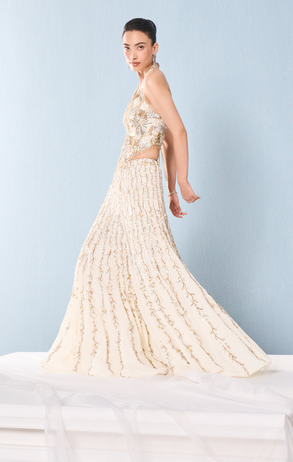 IVORY GEORGETTE HIGH WAIST SHARARA AND CORSET