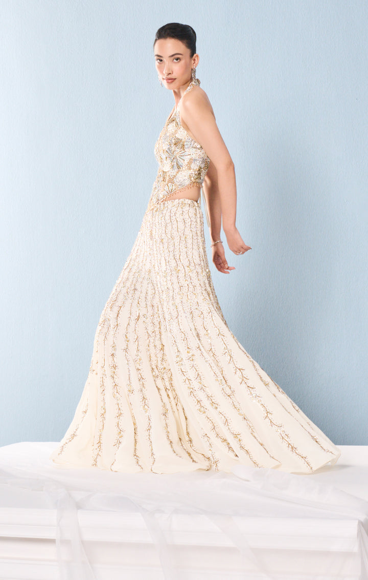 Ivory Georgette High Waist Sharara And Corset