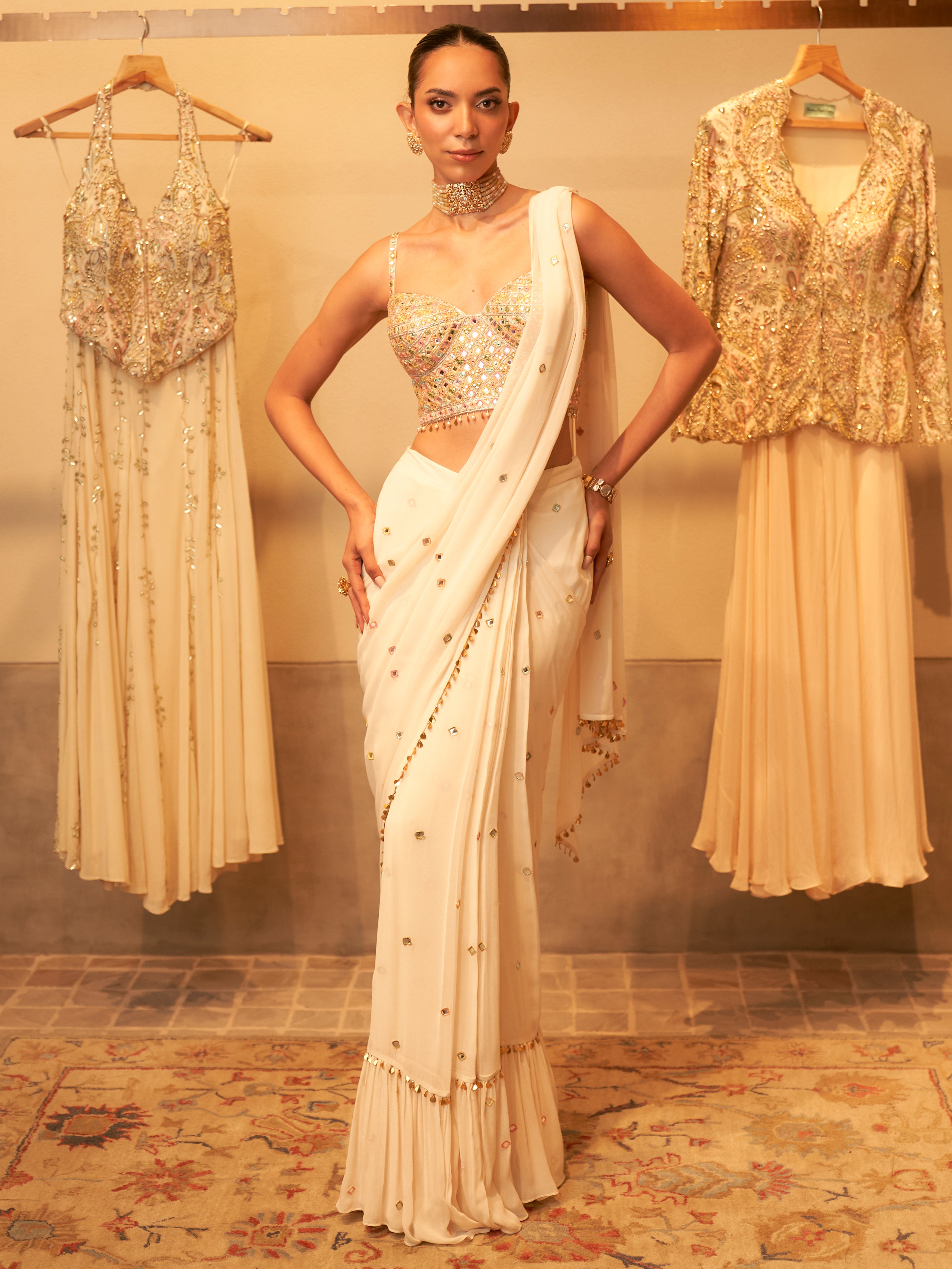 Pre-Drape Ivory Saree With Embroidered Corset Blouse