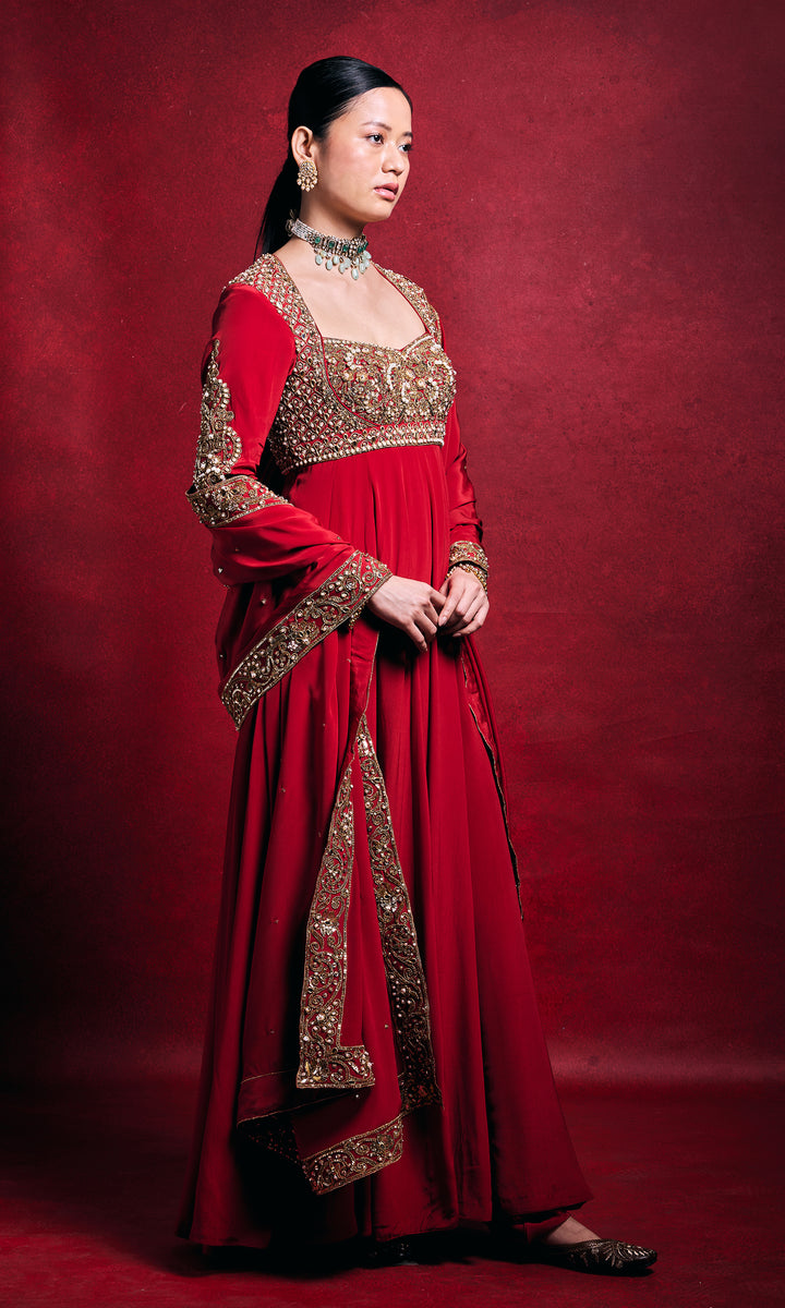 Red Crepe Anarkali Set