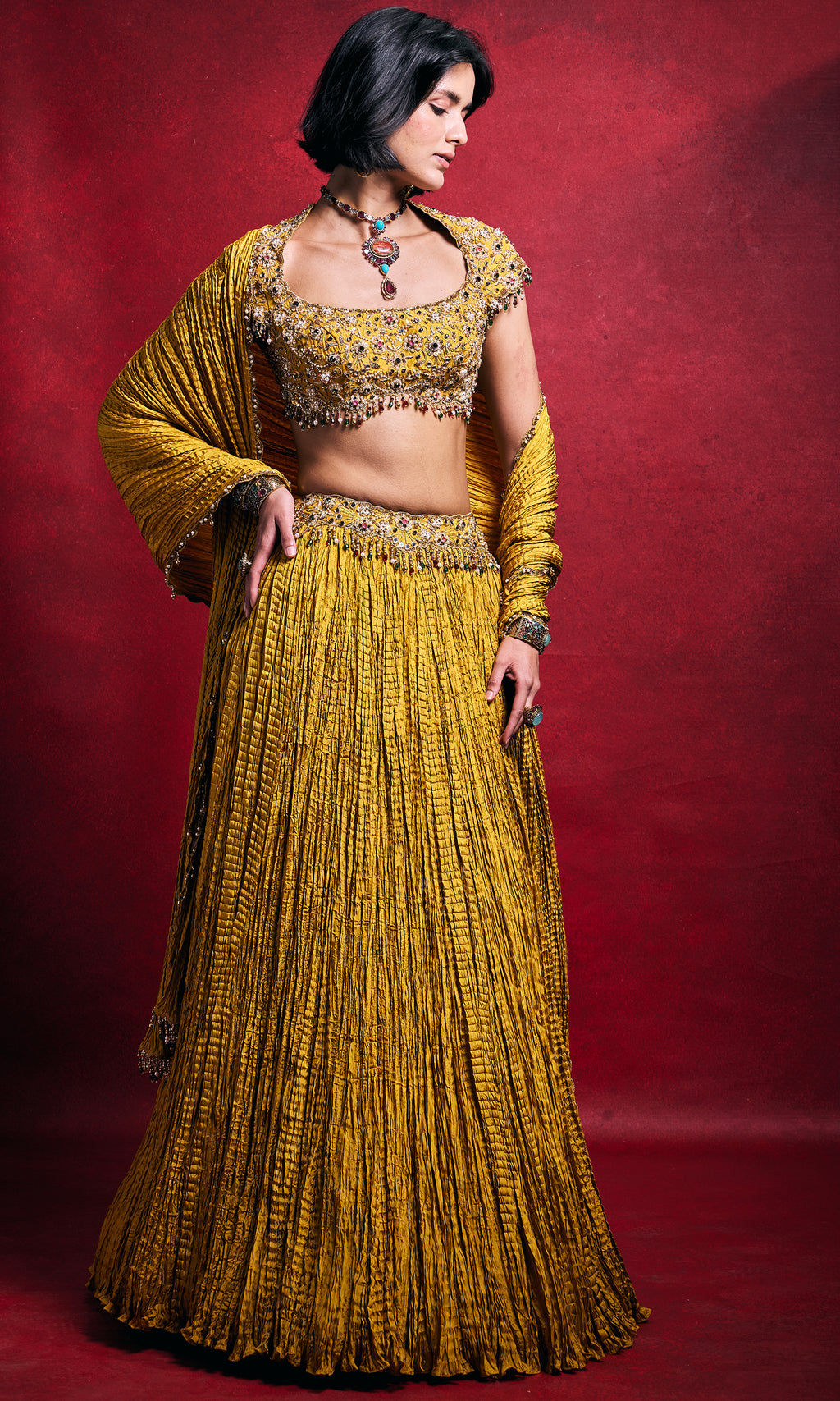 Mustard Crushed Lehenga Set