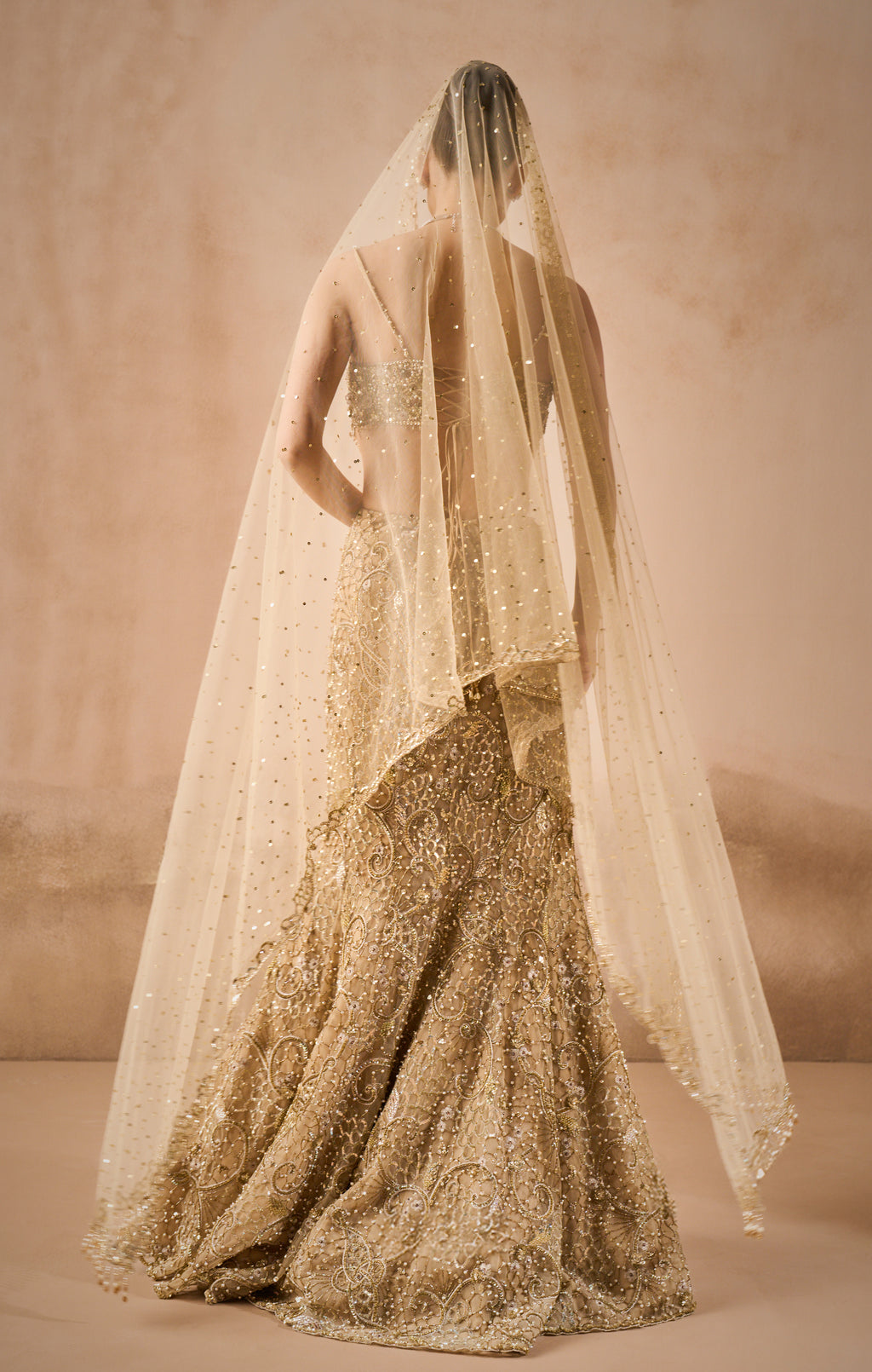 BEIGE GOLD SPARKLE TULLE FIT AND FLARE LEHENGA SET