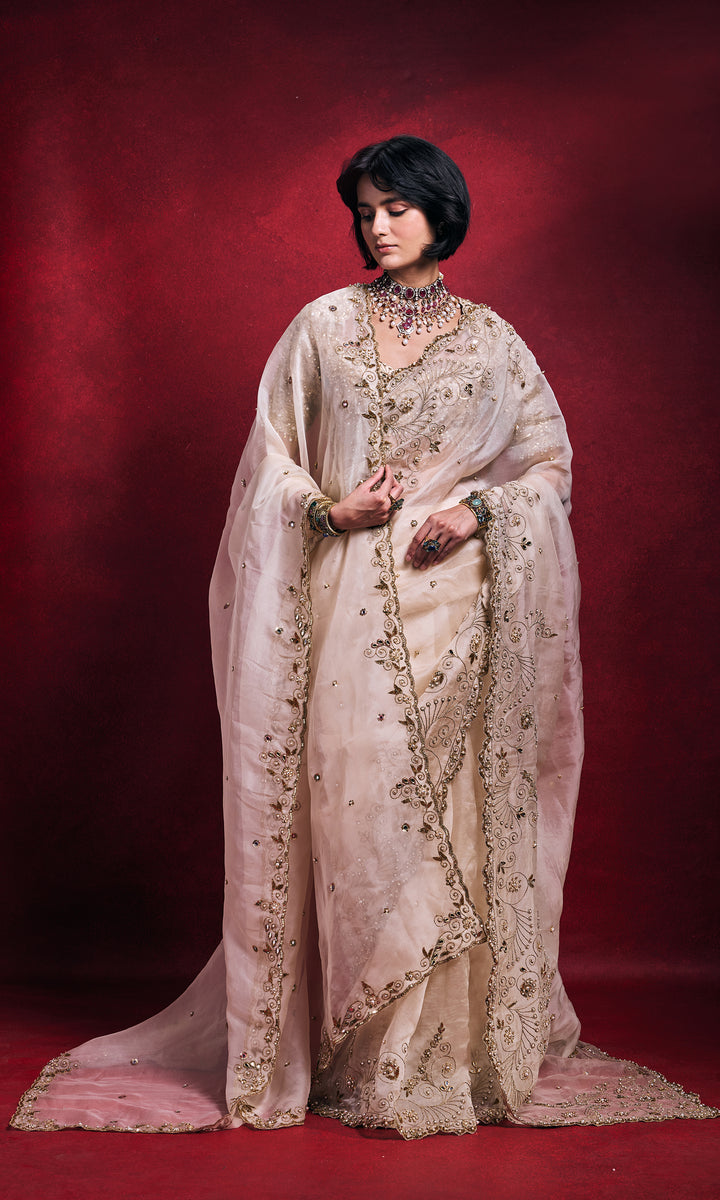 Cream Organza Saree Set