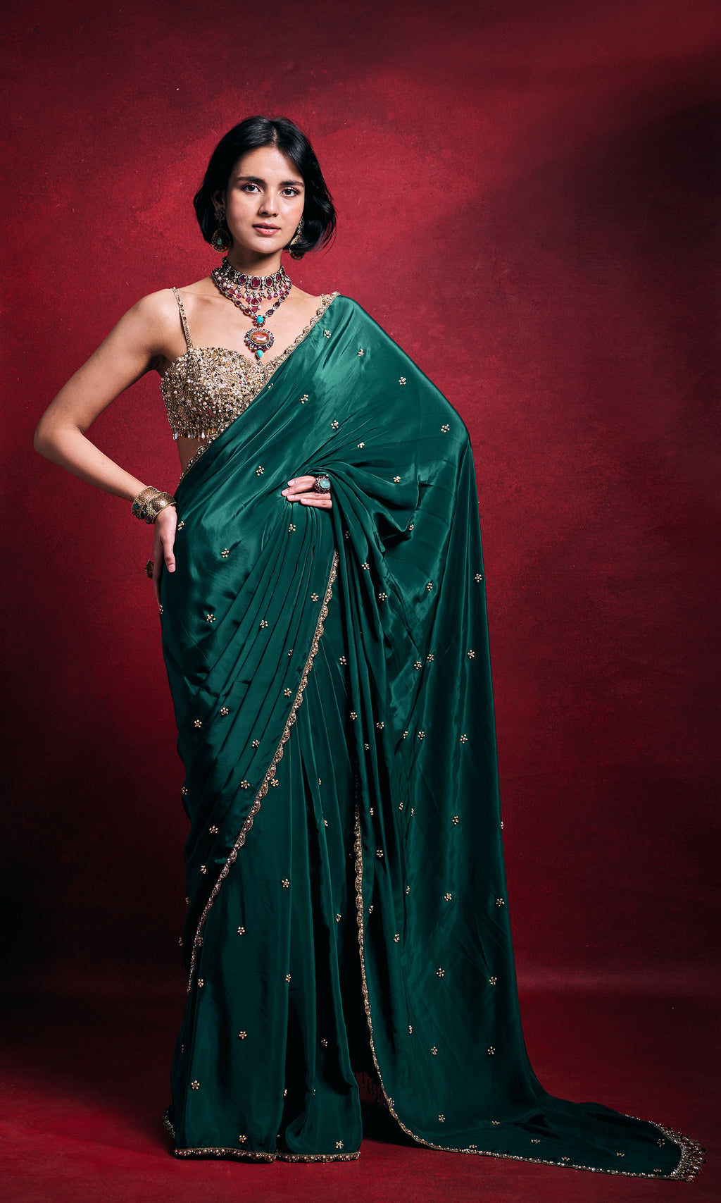 Emerald Green Crepe Saree Set