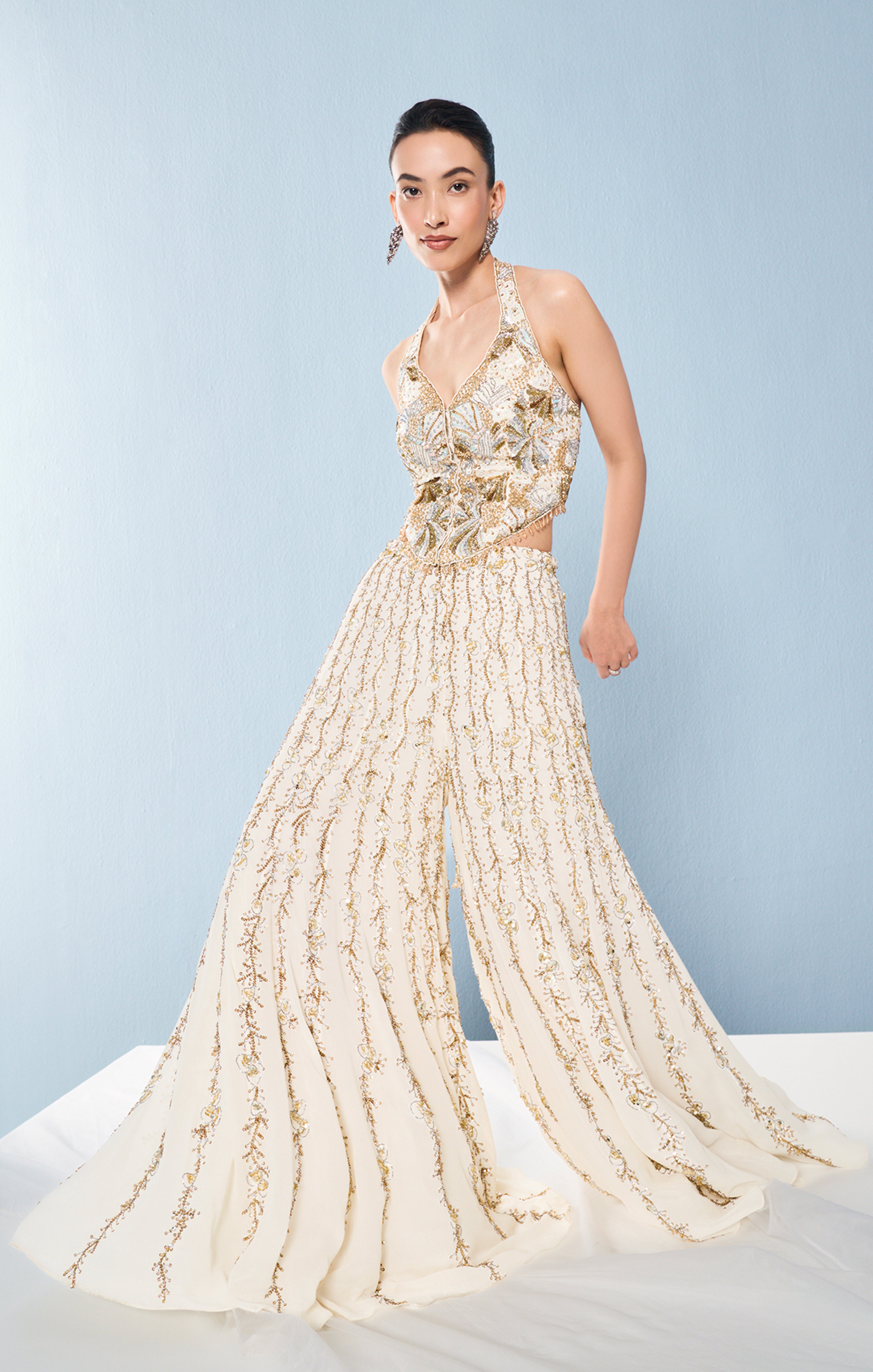 IVORY GEORGETTE HIGH WAIST SHARARA AND CORSET