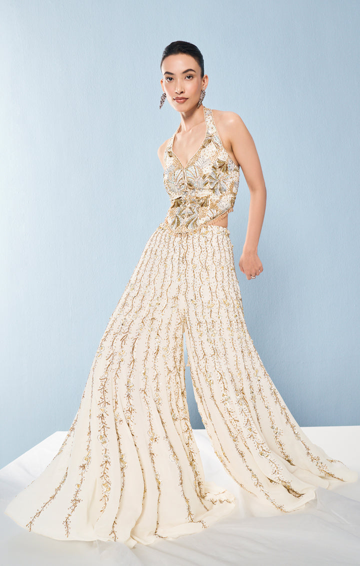 Ivory Georgette High Waist Sharara And Corset