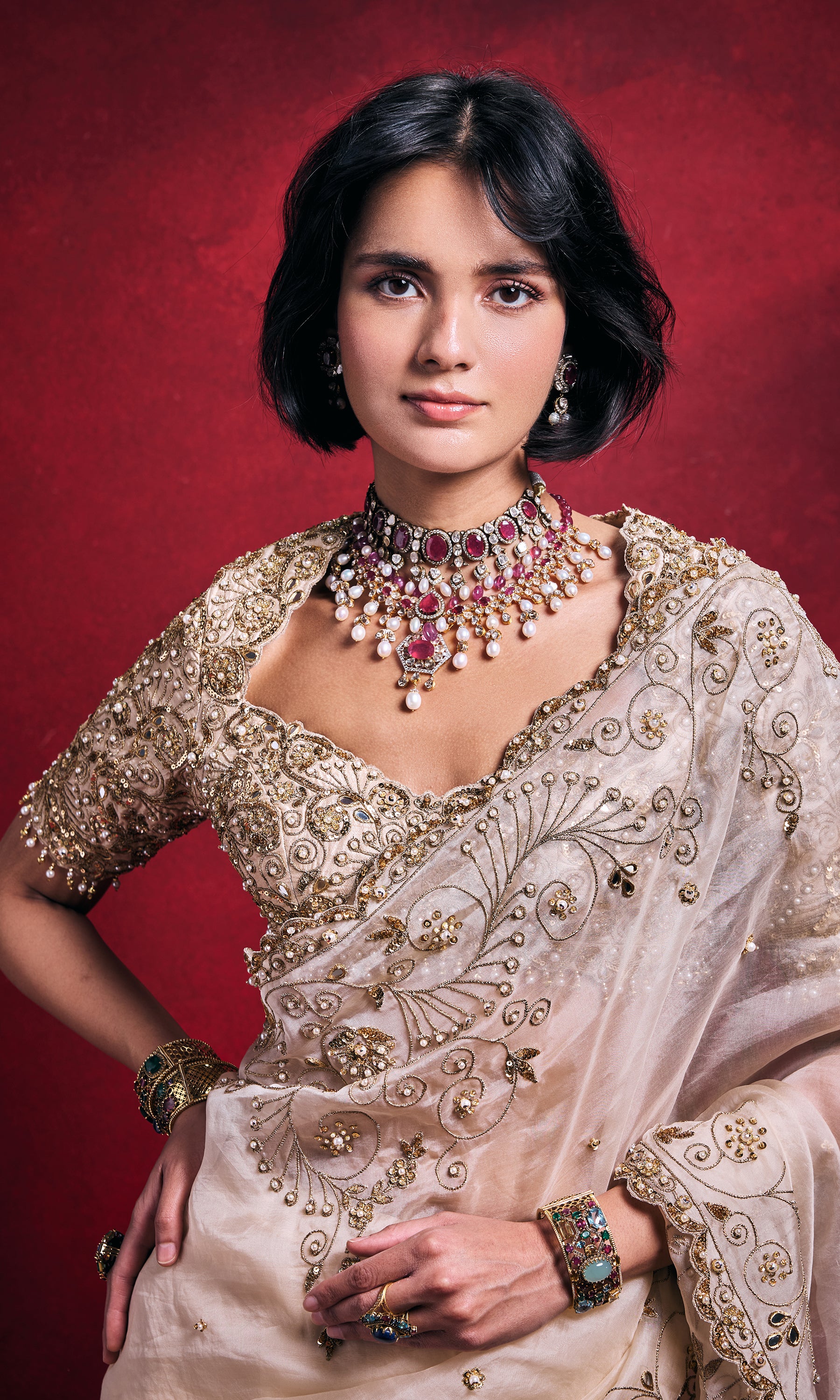 Cream Organza Saree Set