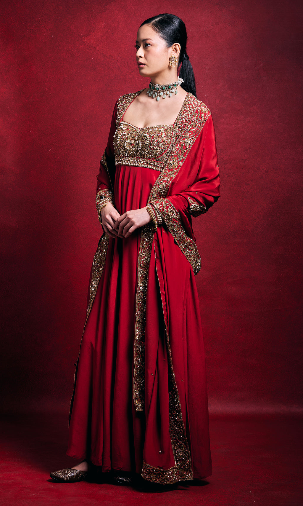 Red Crepe Anarkali Set