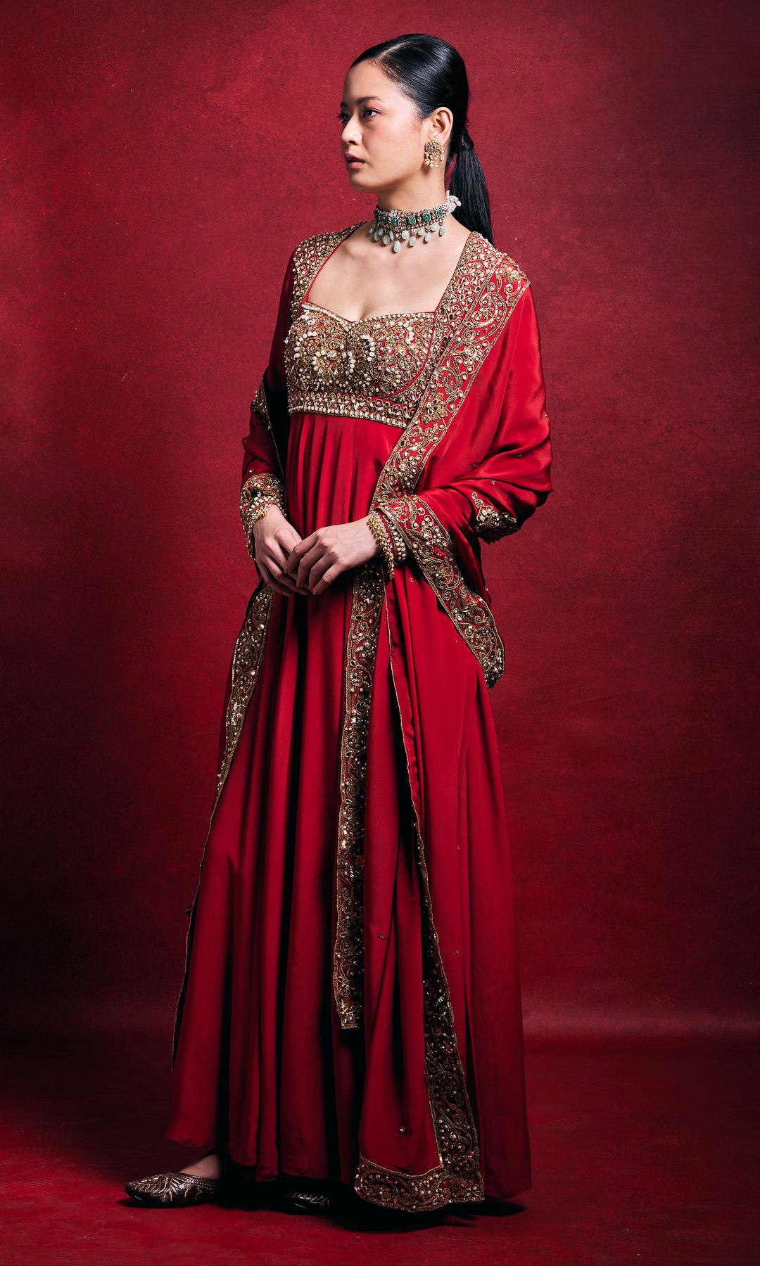 Red Crepe Anarkali Set