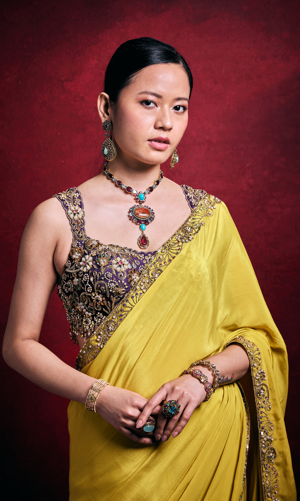 Yellow Crepe Saree