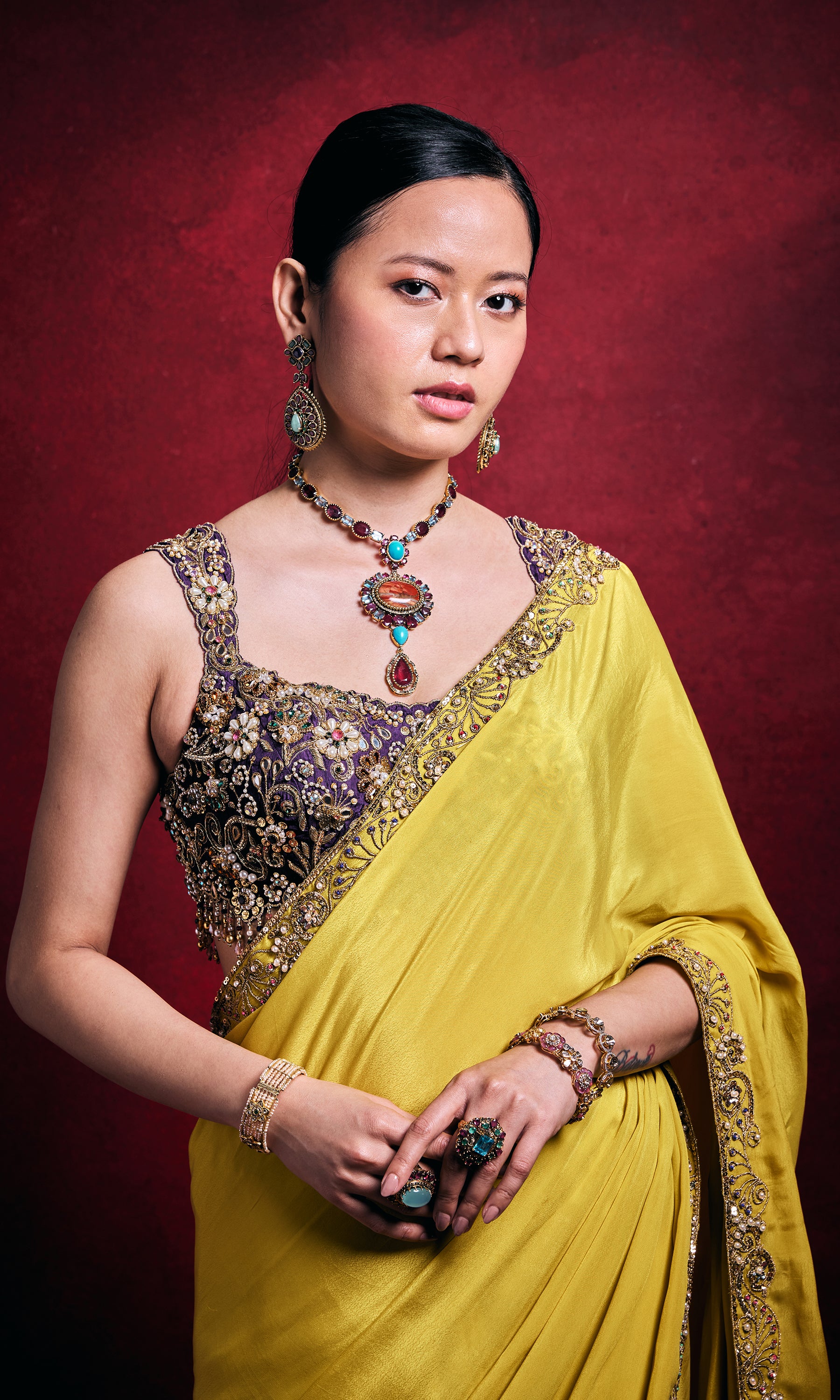 Yellow Crepe Saree