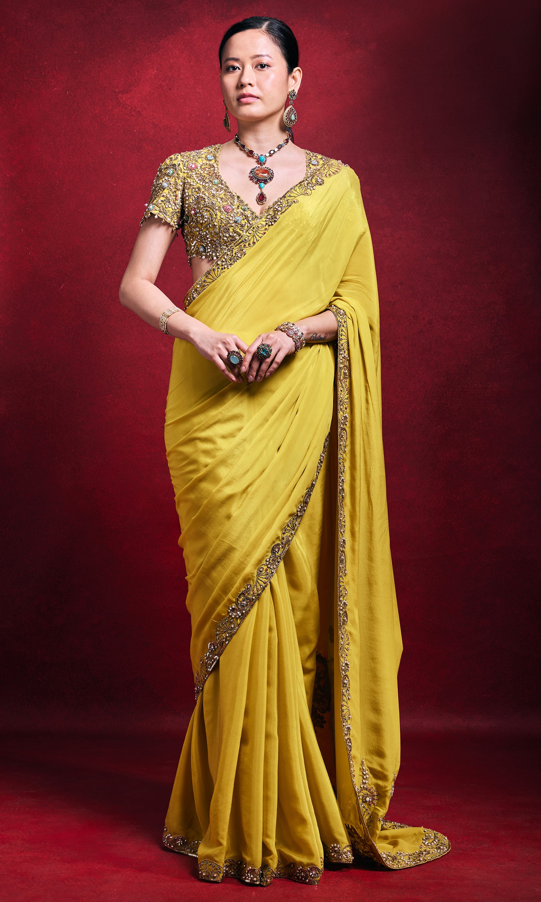 Yellow Crepe Saree Set