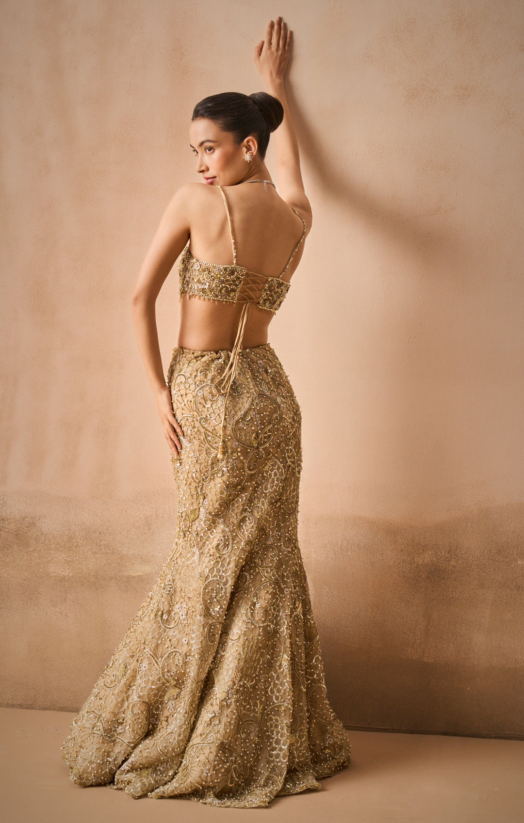 Beige Gold Sparkle Tulle Fit And Flare Lehenga Set