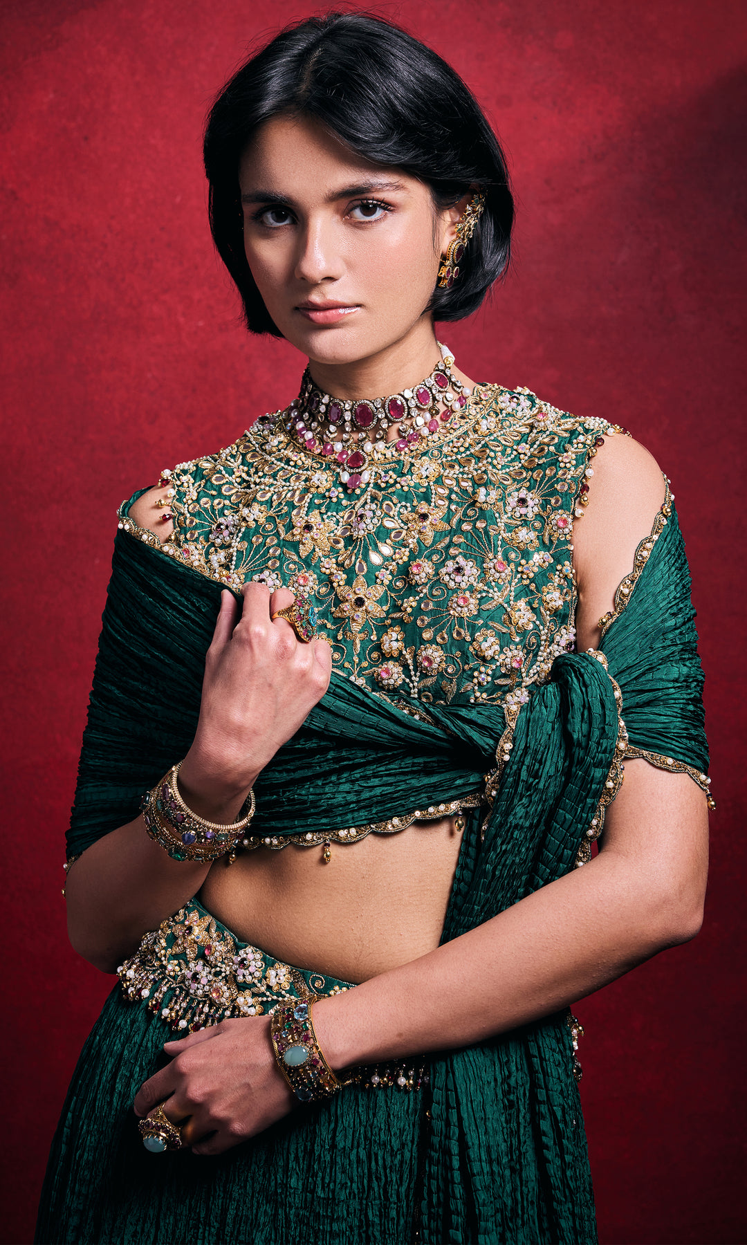 Emerald Green Crushed Lehenga Set