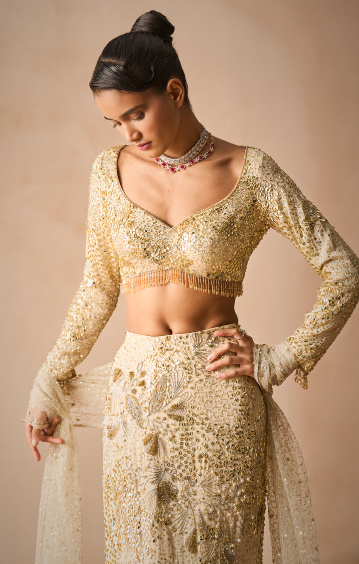 Ivory Georgette Fir And Flare Lehenga Set