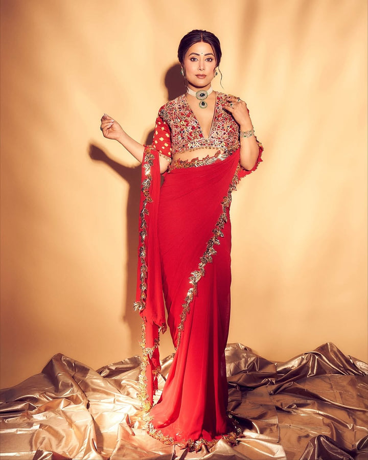 Red And Gold Embroidered Saree Set