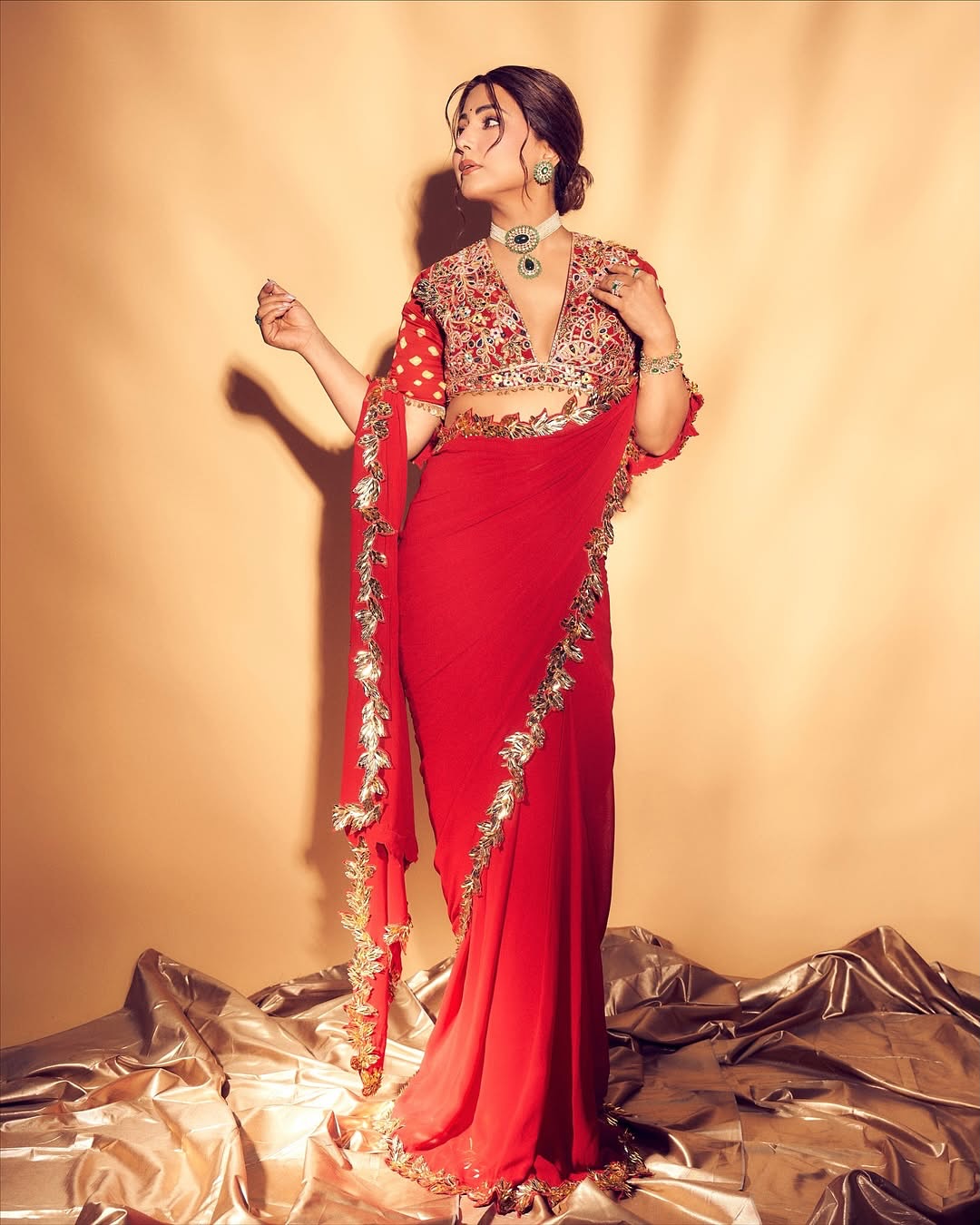 Hina Khan in our Red And Gold Embroidered Saree Set