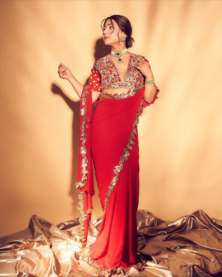 Red And Gold Embroidered Saree Set
