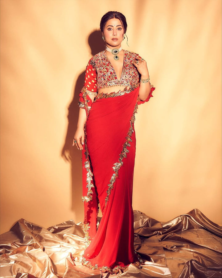 Red And Gold Embroidered Saree Set