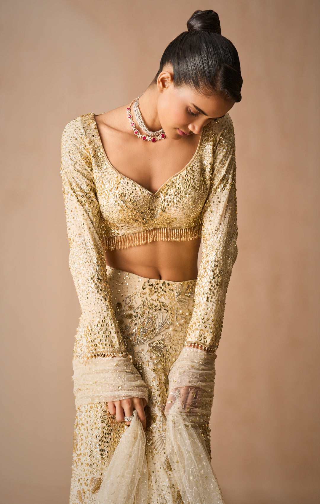 Ivory Georgette Fir And Flare Lehenga Set