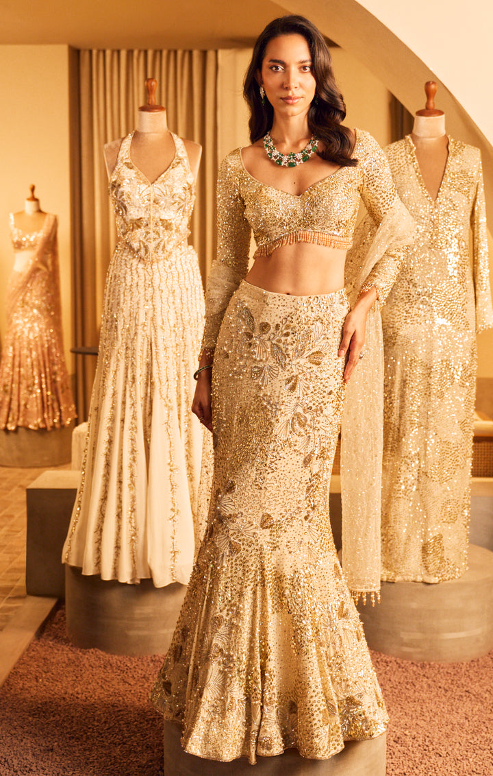 Ivory Georgette Fir And Flare Lehenga Set