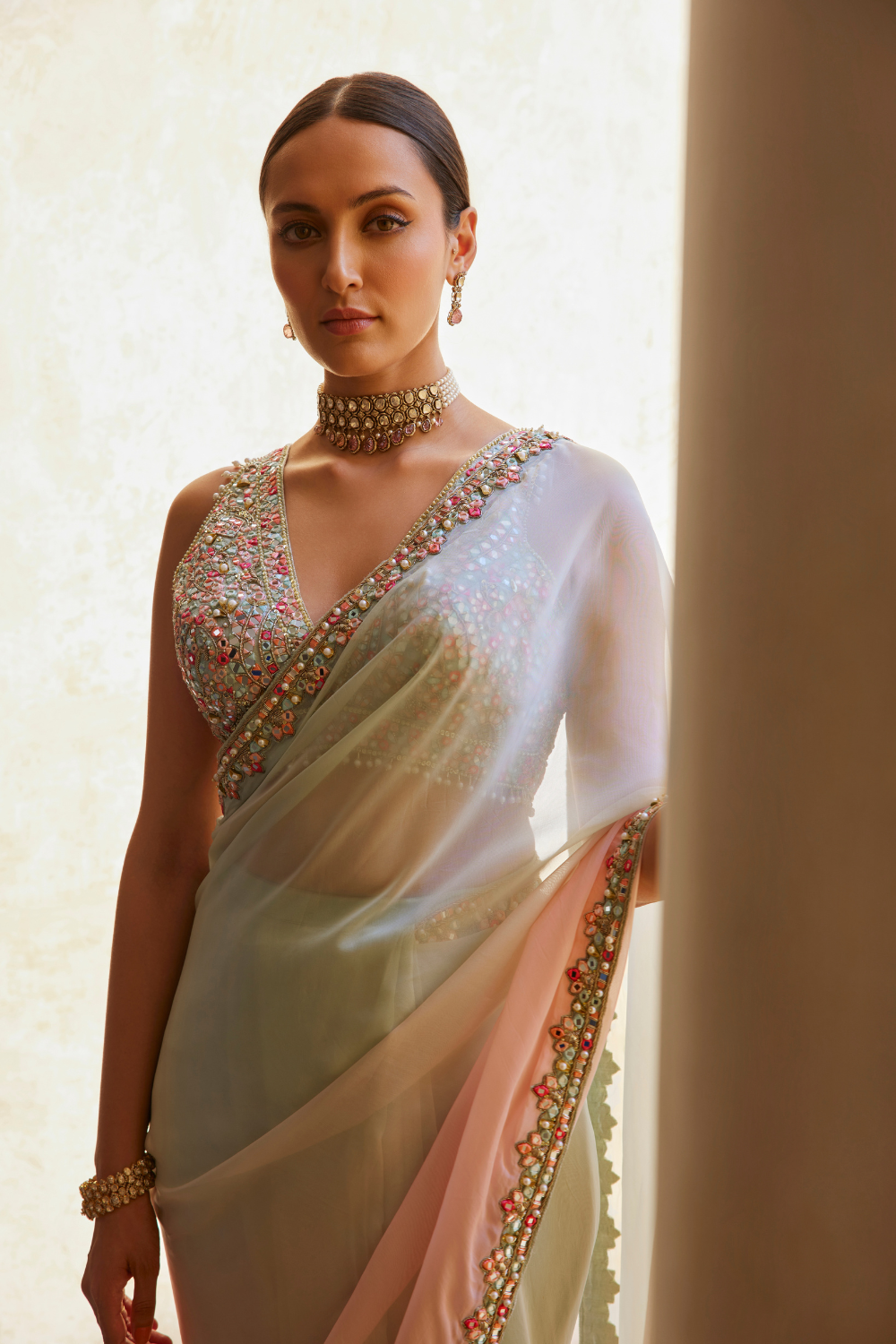 Pre-Drape Green And Pink Ombre Organza Saree