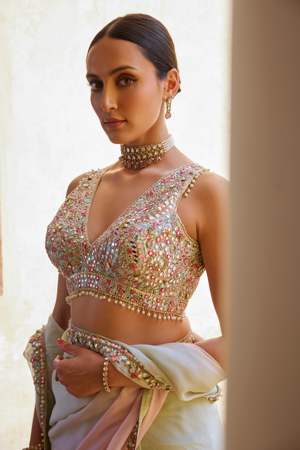 Pre-Drape Green And Pink Ombre Organza Saree