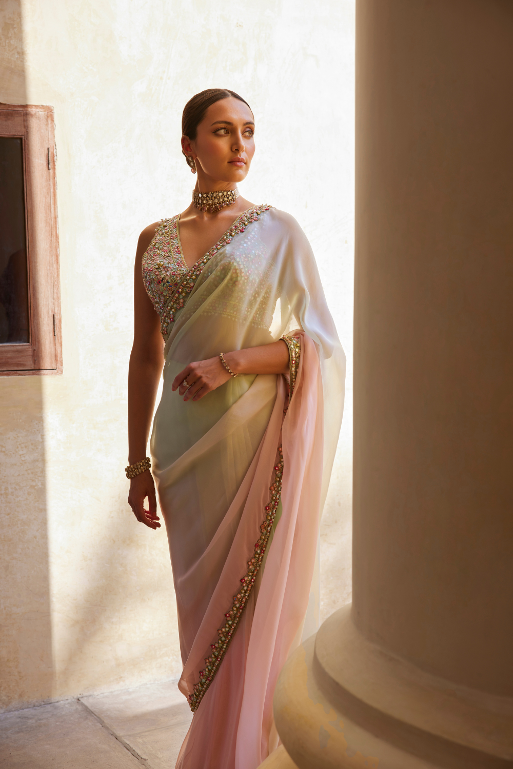 Pre-Drape Green And Pink Ombre Organza Saree