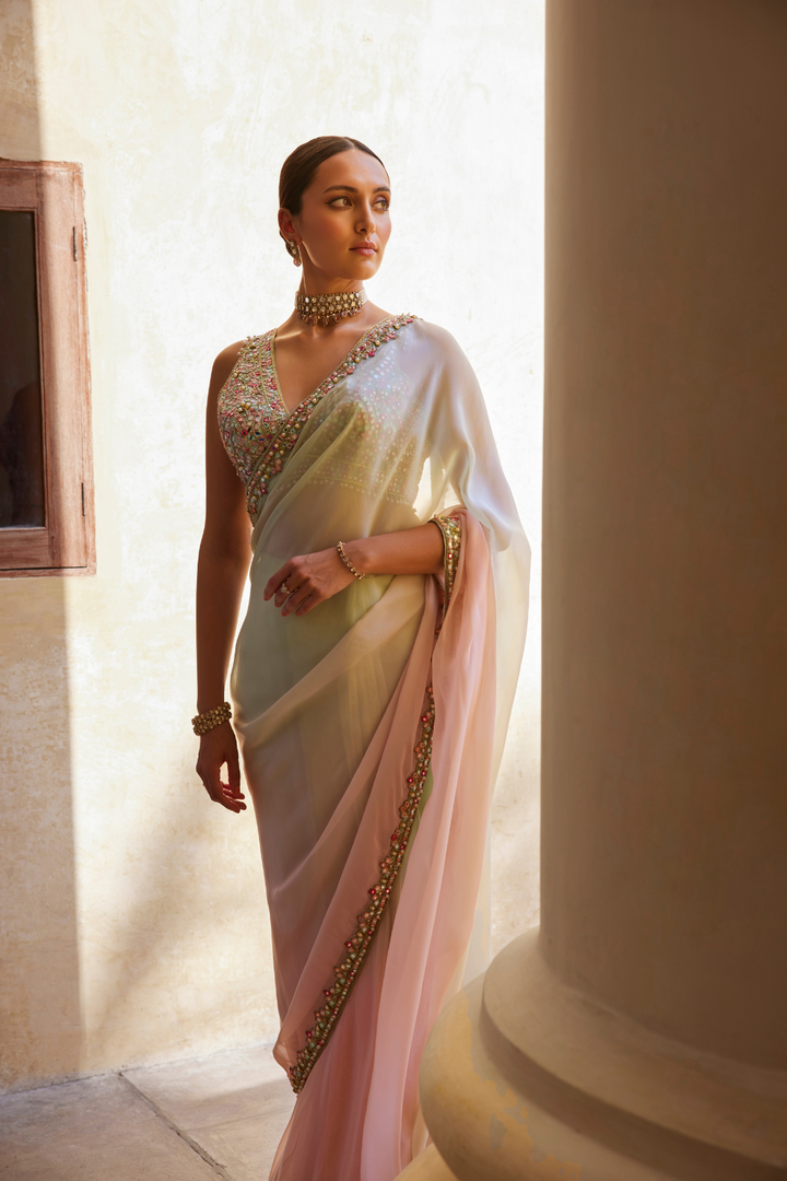 GREEN AND PINK OMBRE ORGANZA SAREE