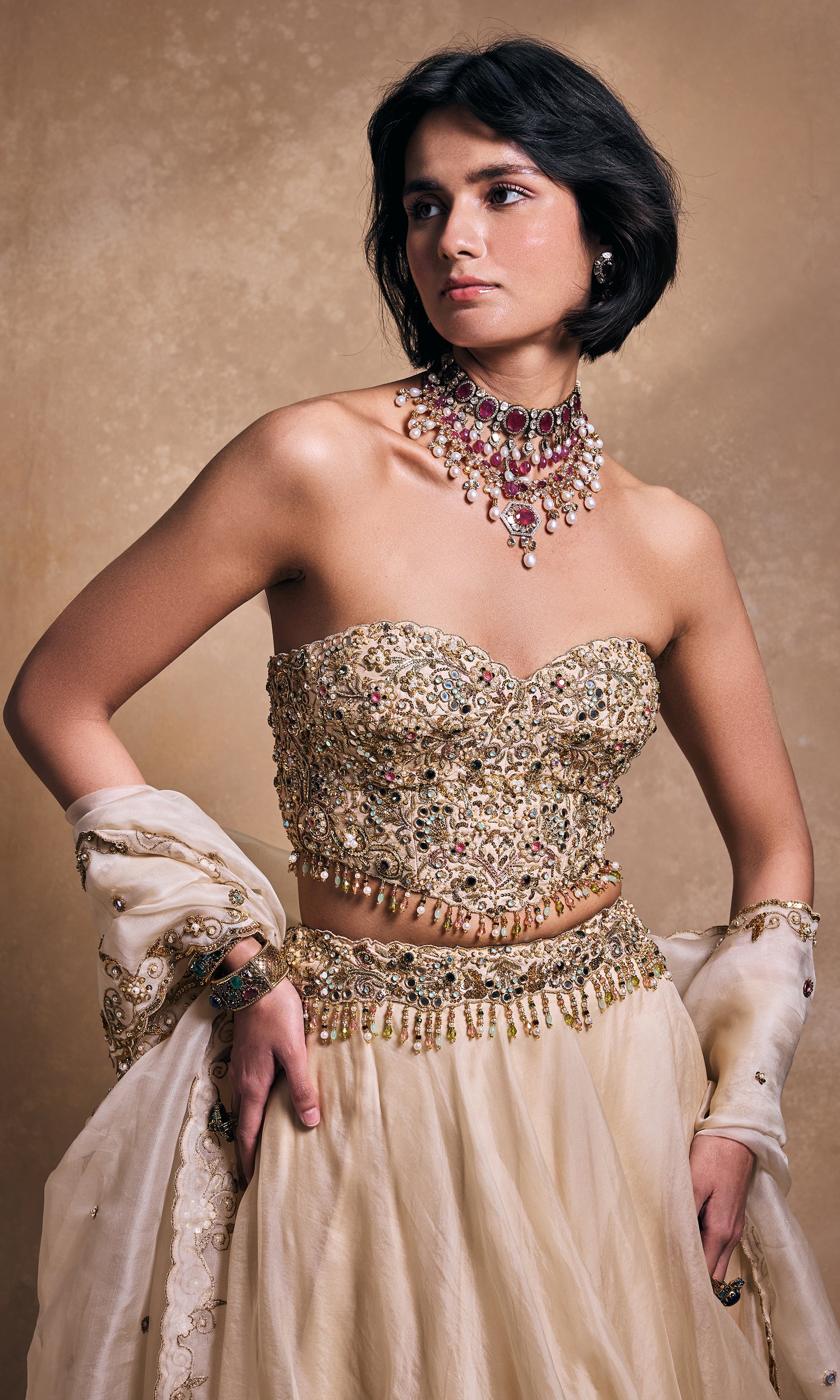 Cream Organza Lehenga Set