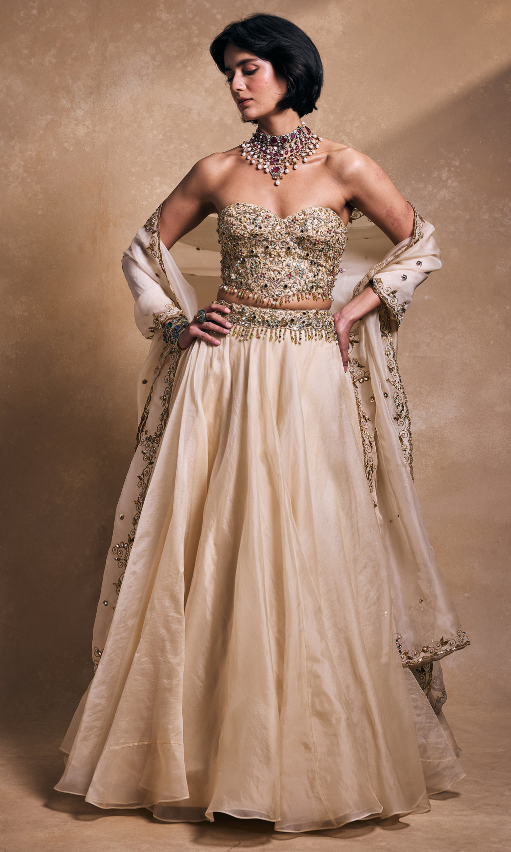 Cream Organza Lehenga Set
