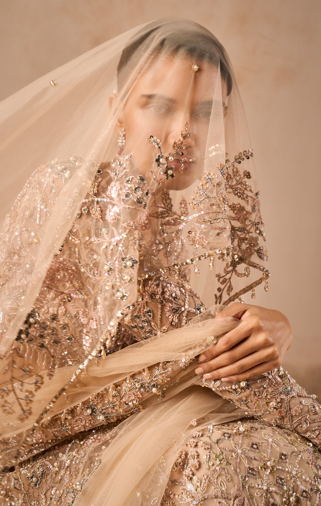 BEIGE NUDE TULLE LEHENGA SET