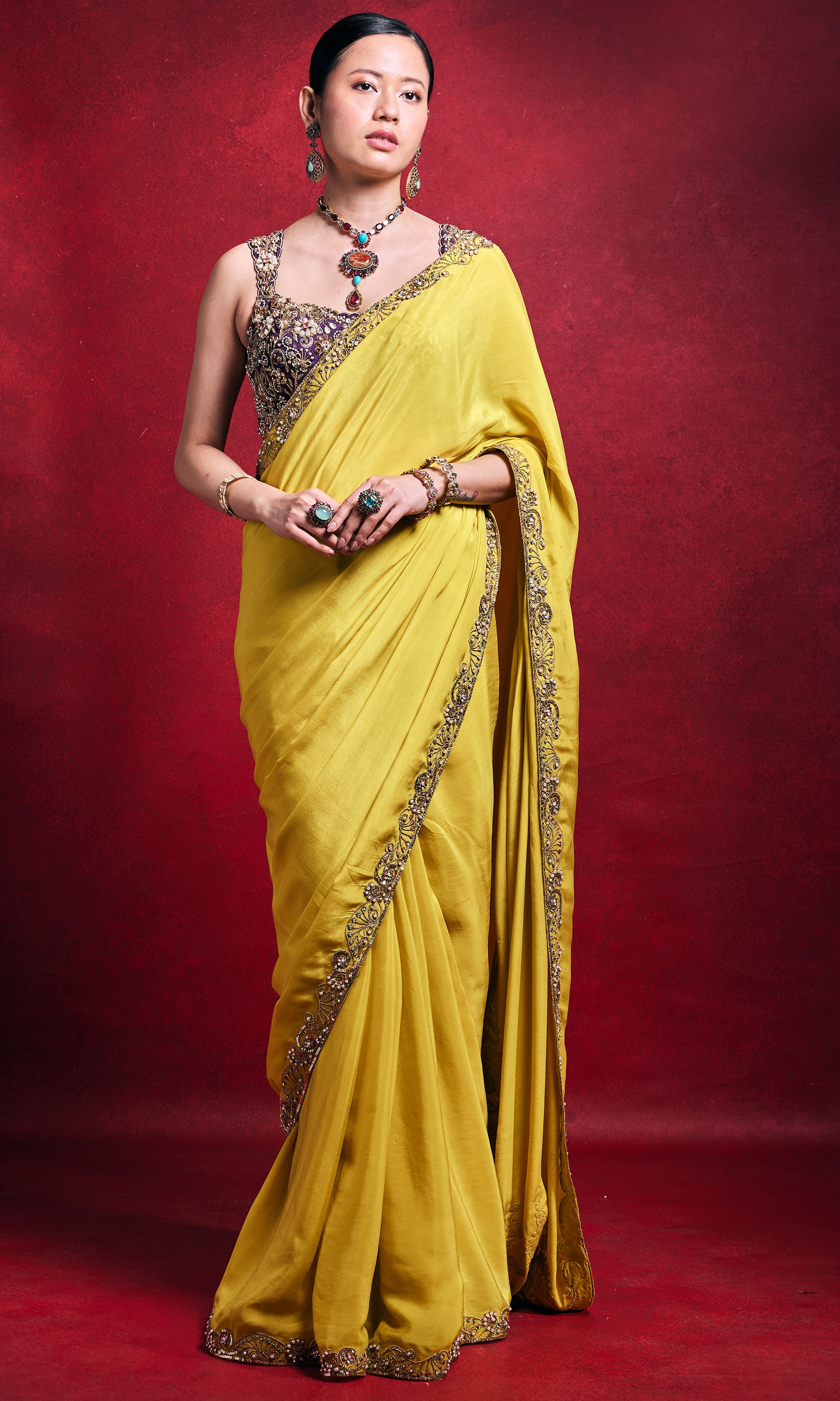 Yellow Crepe Saree