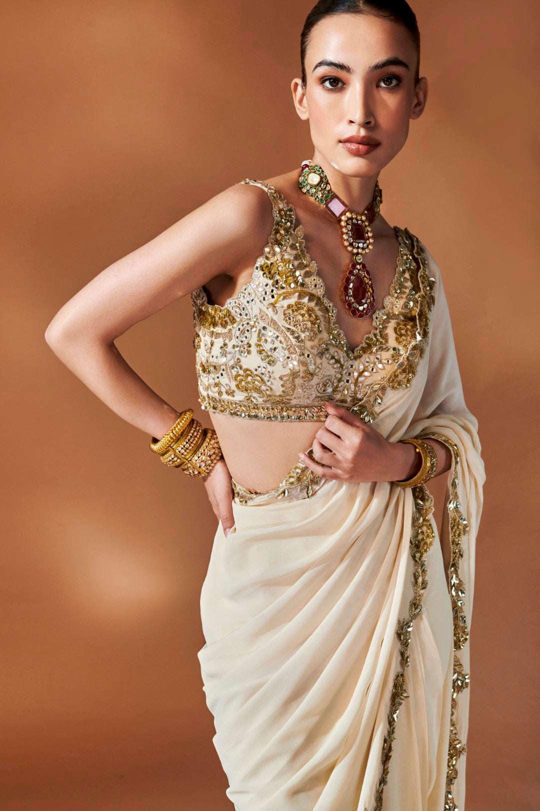 Ivory And Gold Saree Set – Tamanna Punjabi Kapoor Official