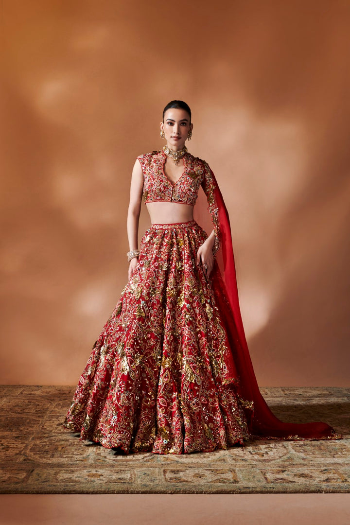 RED HEAVILY EMBROIDERED LEHENGA SET