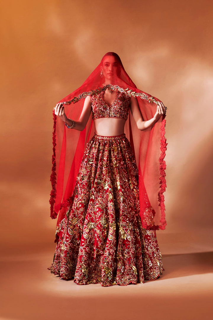 RED HEAVILY EMBROIDERED LEHENGA SET