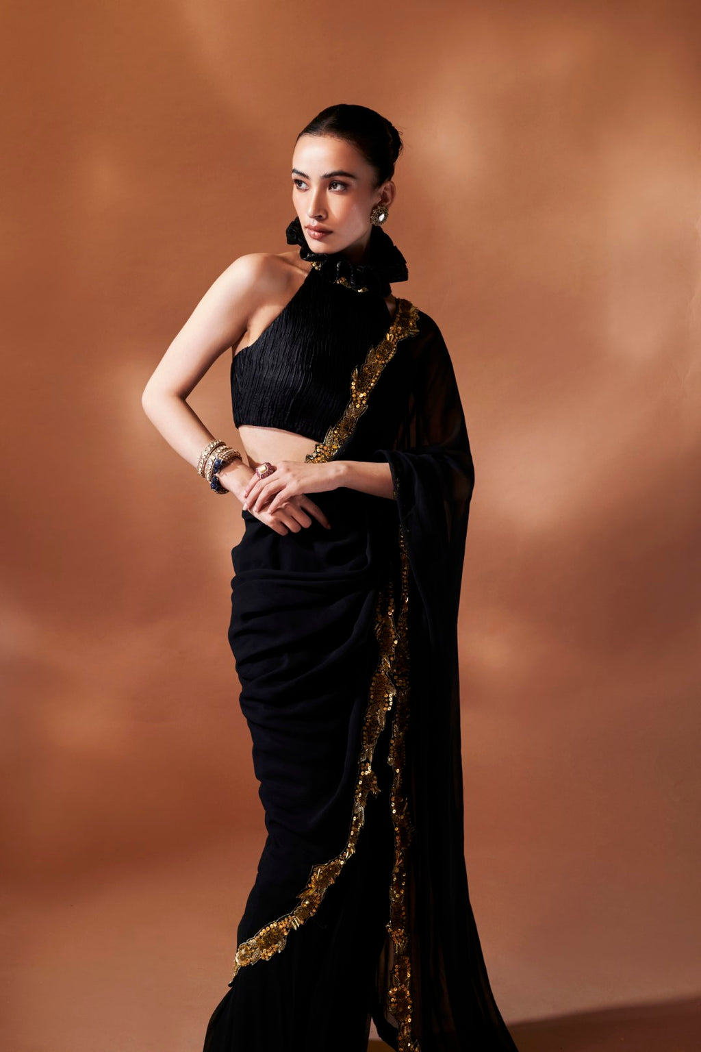 Pre-Drape Black And Gold Saree